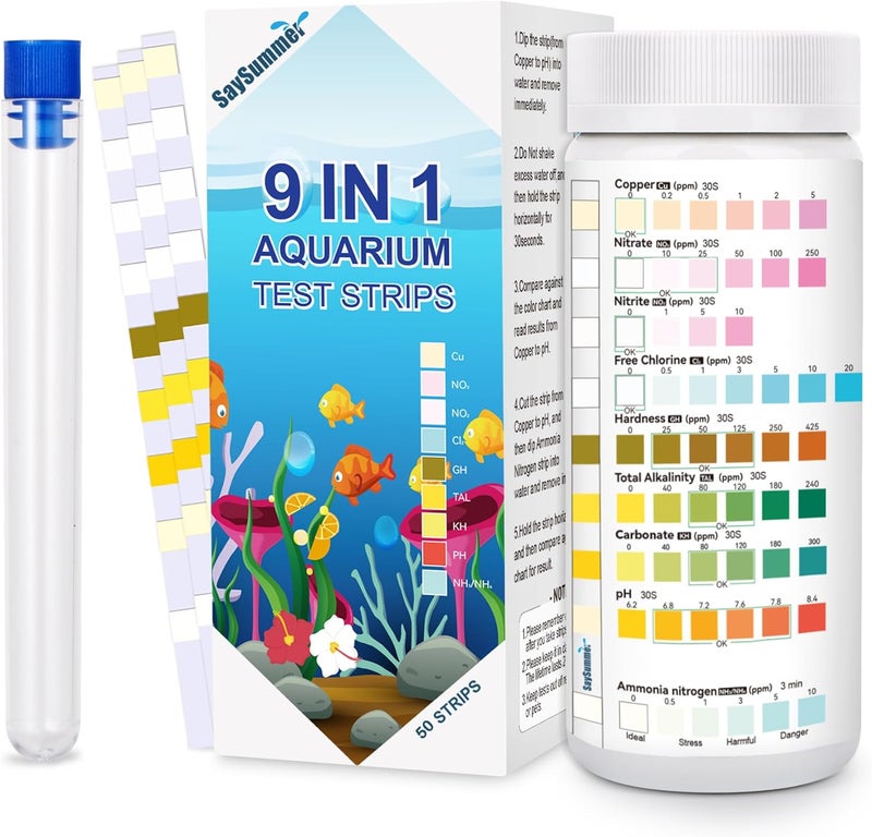 SaySummer Aquarium Test Strips for Fish Tank: 9 in 1 Aquarium Ammonia Test Strips for Fish Tank - 50 Counts Aquarium Water Test Kit Testing Ammonia Nitrogen, Copper, pH and More - Image 1